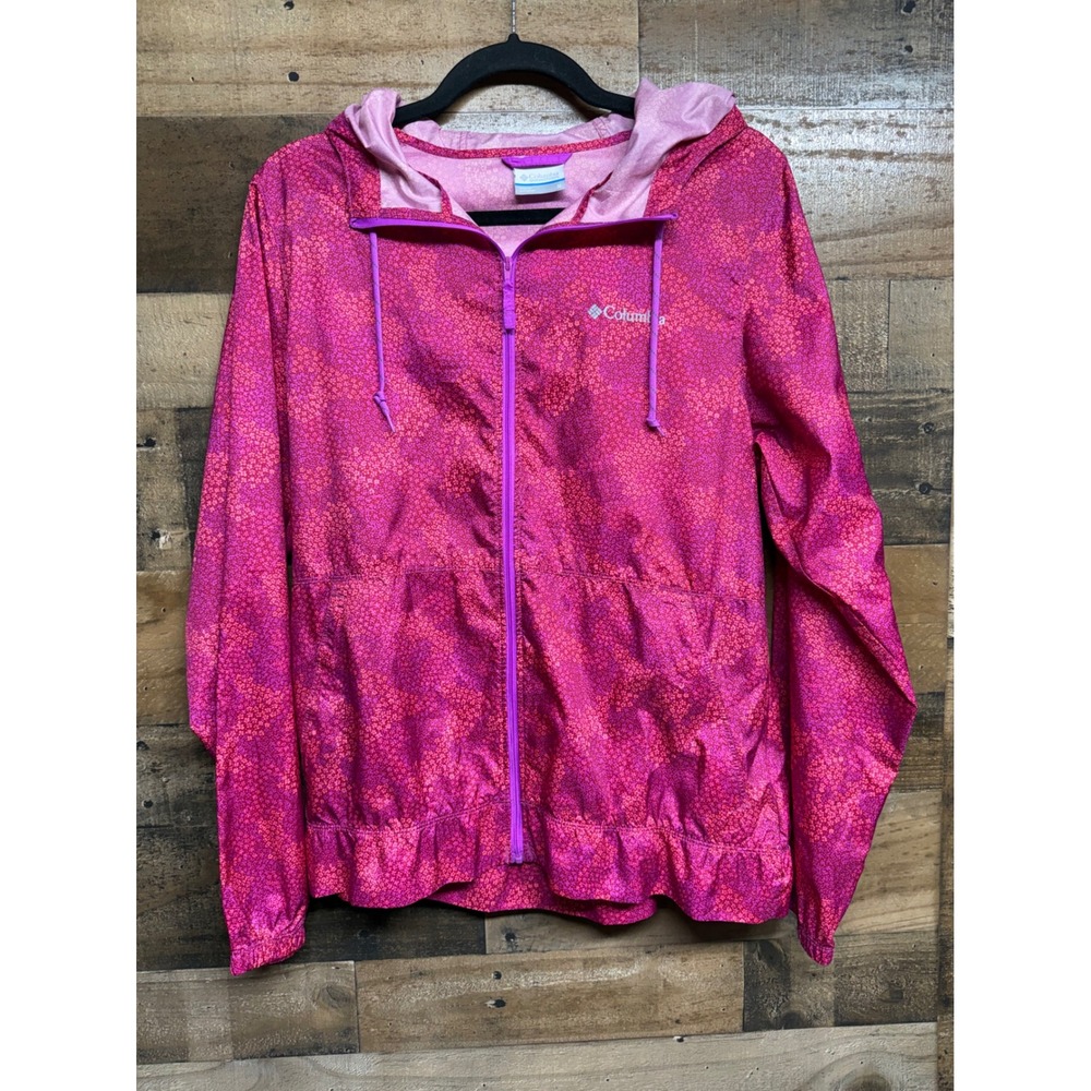 Columbia Womens Pink Purple Floral Print Full Zip Hooded Windbreaker Jacket M